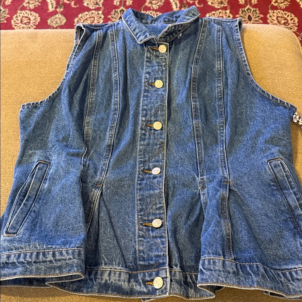 Reimagined Upcycled Handmade Jean Jacket Vest Size Large/XL (TD)